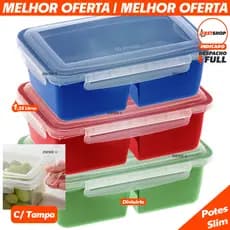 Kit 3 Potes Trava Slim Marmita C/ Tampa Hermética e Divisória 1,25L Organizador de Geladeira Vai ao Microondas e Freezer
