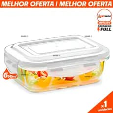 Pote Hermético Retangular 640ml Tampa Alta Vedação Organizador de Geladeira Marmita Forno Microondas Geladeira e Freezer
