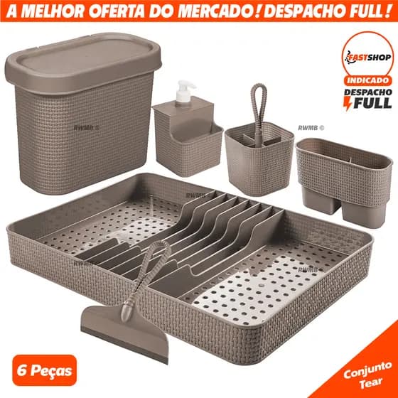 Kit Completo Organizador de Pia Com Lixeira Rodinho Porta Talher Escorredor de Talher e Prato de Cozinha e Dispenser