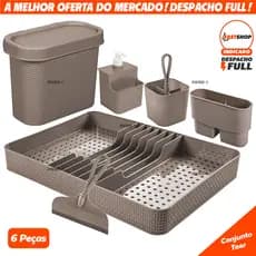 Kit Completo Organizador de Pia Com Lixeira Rodinho Porta Talher Escorredor de Talher e Prato de Cozinha e Dispenser