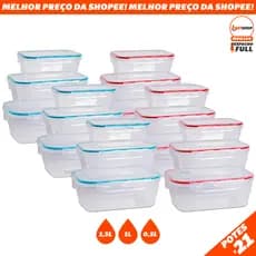 Kit 21 Potes Hermético 1.500ml / 1.000ml / 500ml Tampa 4 Travas Alta Vedação Pote Marmita Fitness Micro-ondas e Freezer