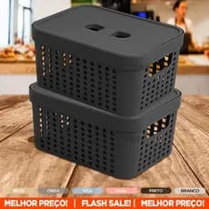 Kit 2 Cesto Organizador Rattan 4.5L Caixa Tampa Plástico Resistente Organiza Gaveta Armário Cozinha Escritório Objetos