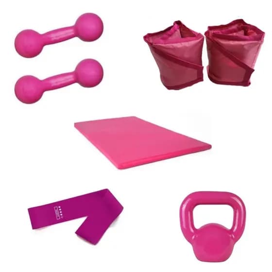 Kit Treino Completo Halter 2 Kg Rosa + Kettlebell Agachamento 6 Kg Rosa + Caneleira 2 Kg + Colchonete + Elástico