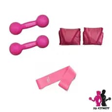 Kit Musculação De Academia Par Halter 2 Kg Rosa + Par Caneleira Tornozeleira 2 Kg Rosa + Elástico Theraband