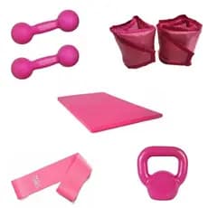Kit Treino Aeróbico Par Halter 2 Kg Rosa + Par Caneleira 2 Kg Rosa + Kettlebell 4 Kg + Colchonete + Elástico