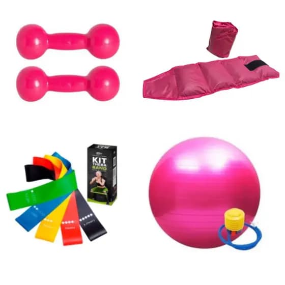 Kit Funcional Par Halter 1 Kg Rosa + Par Caneleira 1 Kg + Kit 5 Faixas De Resistência Theraband + Bola Suiça Pilates Yoga
