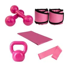 Kit Aeróbico Par Halter 2KG + Par Caneleira 1KG + Kettlebell 6KG + Colchonete + Elástico Theraband