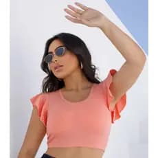 Cropped Manga Curta Canelado Manguinha Gola Blusinha Curta Camiseta Básica