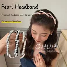 4 peças/Faixa de Cabelo Retrátil e Dobrável com Pérolas para Mulheres |   Para lavar o rosto |   Tiara de Cabelo Antider