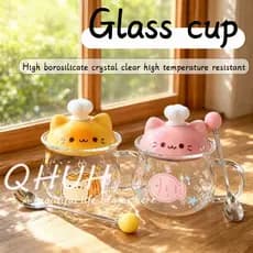 Caneca de Vidro com Tampa e Alça / Caneca de Café / Caneca de Gato Fofa / Design Estético Feminino / Copo de Água para C