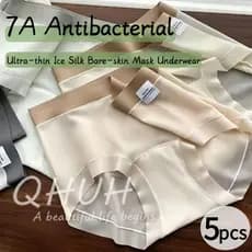 5 peças - Calcinhas femininas de seda gelada com design fino e sem costura, 7A antibacteriano, entrepernas de algodão, m