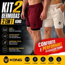 Kit 2 Bermuda Masculina 2 em 1 KONG Performance, Conforto e Tecnologia Para Alto Desempenho