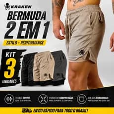 Kit 3  Bermudas Masculinas 2 em 1 Kraken Premium Com Forro de Compressão e Suporte para Toalha.🛍️
