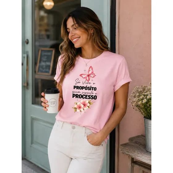 Camiseta Feminina Estampada  Gospel Só Vive o Propósito Quem Suporta o Processo 100% Algodão