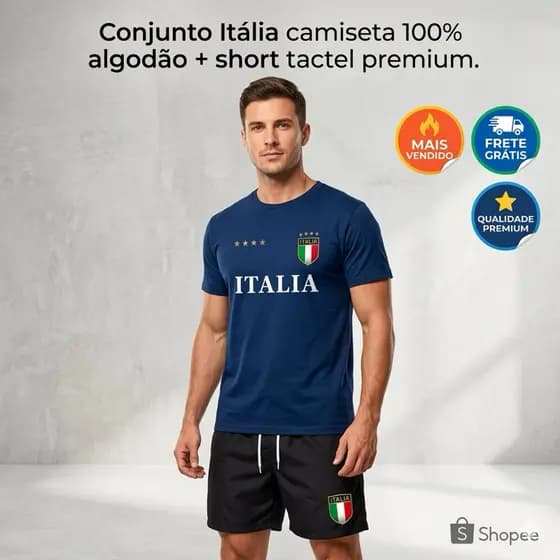 Conjunto Masculino Itália Camiseta 100% Algodão + Short Tactel Casual Confortável Promoção