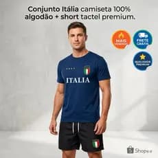 Conjunto Masculino Itália Camiseta 100% Algodão + Short Tactel Casual Confortável Promoção