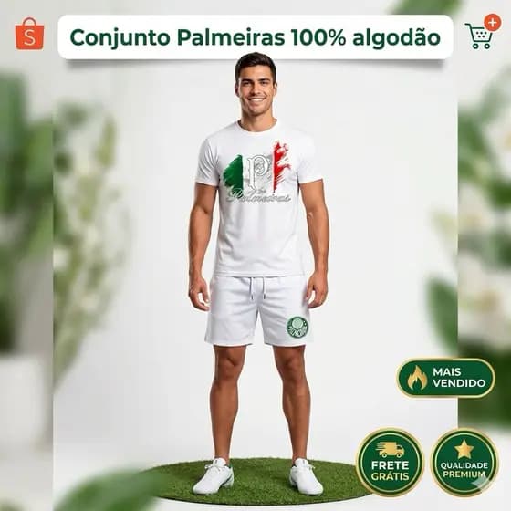 Conjunto Masculino Palmeiras Camiseta 100% Algodão + Short Tactel Premium Casual Confortável Futebol Verão