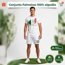 Conjunto Masculino Palmeiras Camiseta 100% Algodão + Short Tactel Premium Casual Confortável Futebol Verão