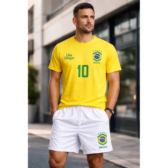 Conjunto Kit Brasil Masculino Camiseta 100% Algodão + Short Tactel Premium Torcedor Futebol