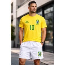 Conjunto Kit Brasil Masculino Camiseta 100% Algodão + Short Tactel Premium Torcedor Futebol