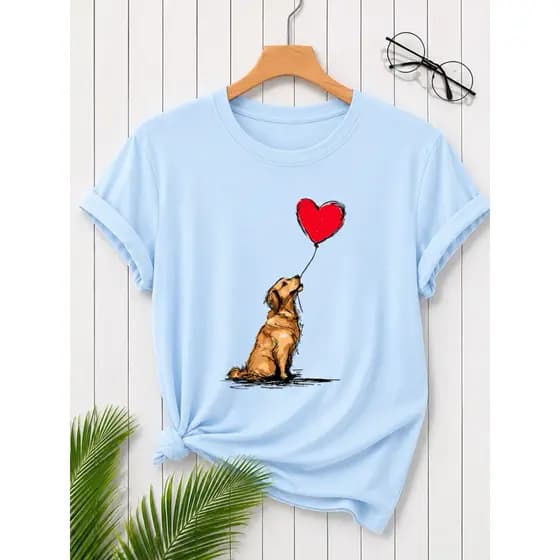 Camiseta Feminina Cachorro com Coração 100% Algodão Estampada Pet Lovers Casual