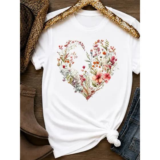 Camiseta Feminina Coração Floral 100% Algodão Estampada Delicada Casual Premium