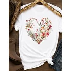 Camiseta Feminina Coração Floral 100% Algodão Estampada Delicada Casual Premium