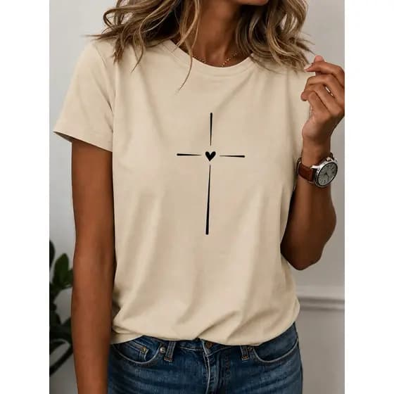 Camiseta Feminina Cruz Minimalista Coração 100% Algodão Estampada Cristã Casual Tumblr