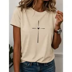 Camiseta Feminina Cruz Minimalista Coração 100% Algodão Estampada Cristã Casual Tumblr