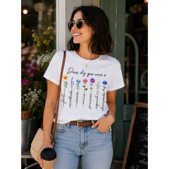 Camiseta Feminina Deus Diz Que Você É 100% Algodão Cristã Floral Estampada Casual Tumblr