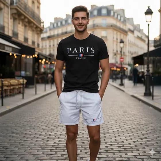 Conjunto Masculino Paris França Camiseta 100% Algodão + Short Tactel Premium Verão Casual