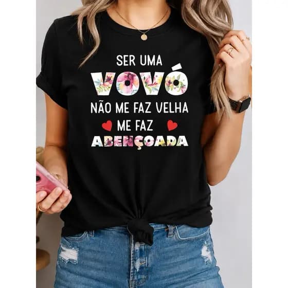 Camiseta Feminina Cristã Vovó Abençoada 100% Algodão Gospel Estampada Casual Premium