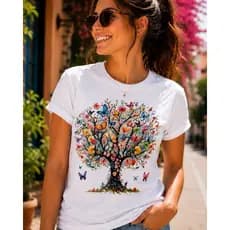 Camiseta Feminina Árvore Floral com Borboletas 100% Algodão Estampada Casual Premium
