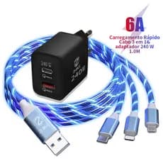 Cabo Carregador Celular Carregamento Rápido 3 em 1 Tipo C Micro USB 1M Streamer Charger Cable