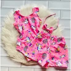 Conjunto Maiô Body + Short + Acessório Infantil Menina (6 meses a 6 anos) Moda praia Suplex