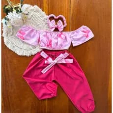 Conjunto Infantil Feminino - Calça + Cropped + Tiara (Tamanho Único - 1 a 2 anos)