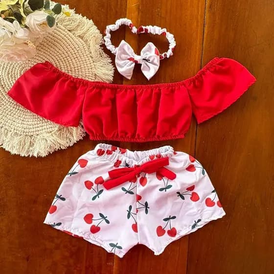 Short + Blusa + Tiara Kit Roupa Infantil Menina - (1 a 2 anos)