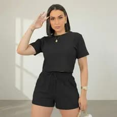 Conjunto Feminino Moletim Shorts Cintura Alta + Cropped Casual - Conforto e Moda Blogueira Verão
