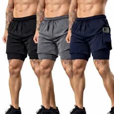 Kit 3 Shorts 2 em 1 Bermuda Academia com Compressão Interna Fitness Treino Corrida Musculação Dry Fit Tecido Tecnológico