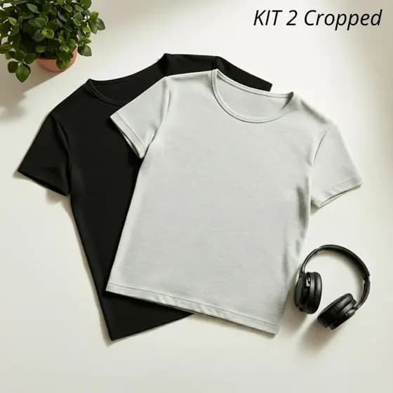 Kit 2 Cropped Manga Curta Moletim Manguinha Gola Redonda Blusinha Curta Camiseta Básica Preto