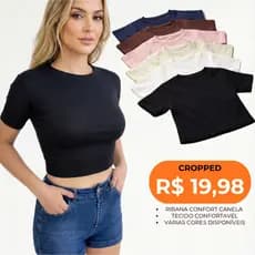 Cropped Manga Curta Canelado Gola Redonda Ribana Canelada Blusinha Curta Camiseta Básica