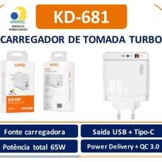 KIT 1-4 Carregador de Tomada Fonte de Carregamento Turbo 65w com entrada Tipo-C e USB KAIDI KD-681