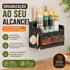 Organizador de Temperos de Parede Multiuso Porta Condimentos Utensílios Cozinha Suspenso Metal Preto