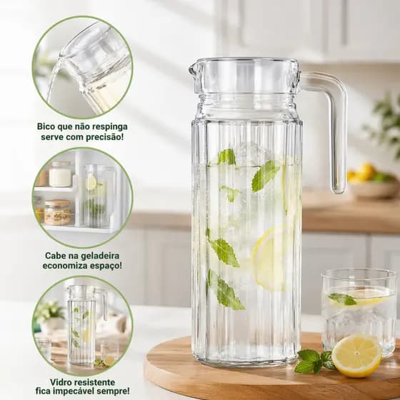 Jarra Para Água Suco Bebidas Geladas de Vidro 1 Litro Transparente Servir Elegante Achadinhos Casa
