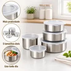 Kit 5 Potes Hermeticos Redondos Tampa Inox Cozinha Bancada Organizada Guardar Alimentos na Geladeira