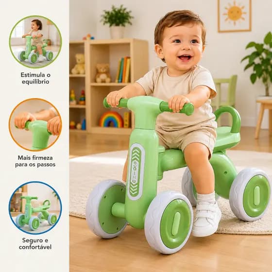 Bicicleta Infantil de Equilíbrio 1 a 2 Anos Assento Confortável 4 Rodas Presente Educativo para Bebê