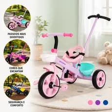 Triciclo Infantil Empurrador Pedal Motoca Passeio Parque Escolinha Menino Menina Brinquedo Colorido