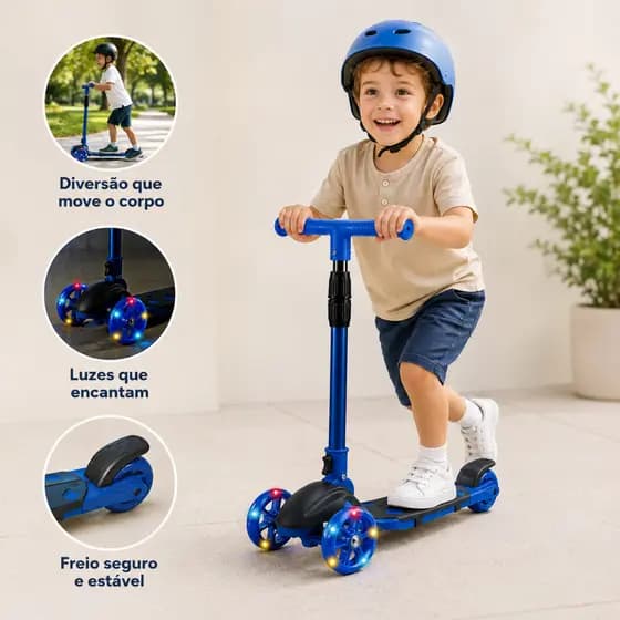 Patinete Infantil 3 Rodas Speed Ajuste de Altura Criança Freio e Rodas Luminosa LED Azul Vermelho