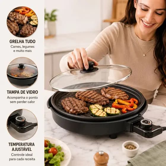 Grill Eletrico Redondo Antiaderente Sem Oleo Ajustavel Cozinha Vapor 220v -127V Churrasco Não Gruda