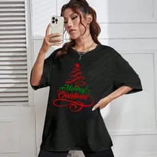 Natal Camisa Streetwear Larga em Algodão Preta Feminina e Masculina